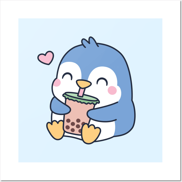 Cute Little Penguin Loves Boba Tea Wall Art by rustydoodle